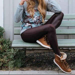 Wine Spanx leather leggings